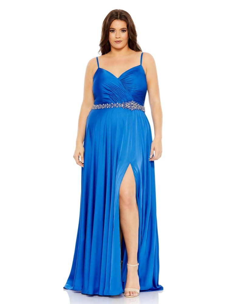 Front of a model wearing a size 14W Beaded Belt Faux Wrap A Line Gown in Cobalt by Mac Duggal. | dia_product_style_image_id:289794